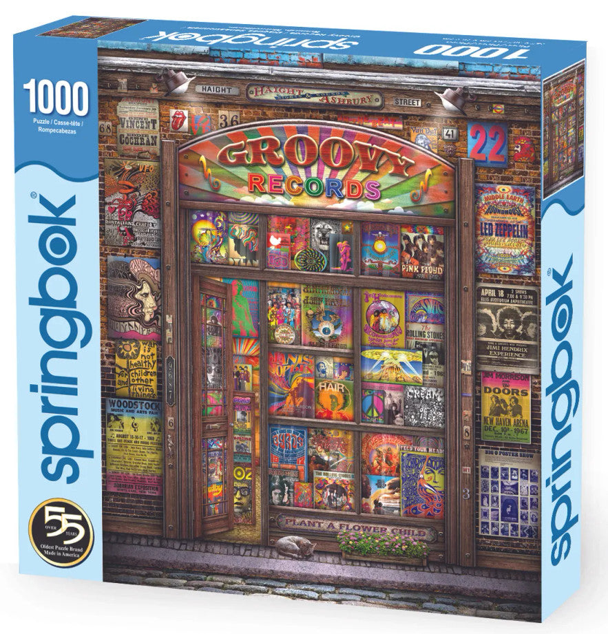 High-quality 1000 piece jigsaw puzzle featuring a collage of classic rock records and posters from Springbok