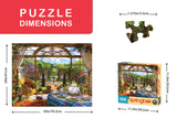 Contents and Sizes of the Elegant garden-themed jigsaw puzzle featuring a tea table, blooming plants, and a cozy wicker chair by Springbok