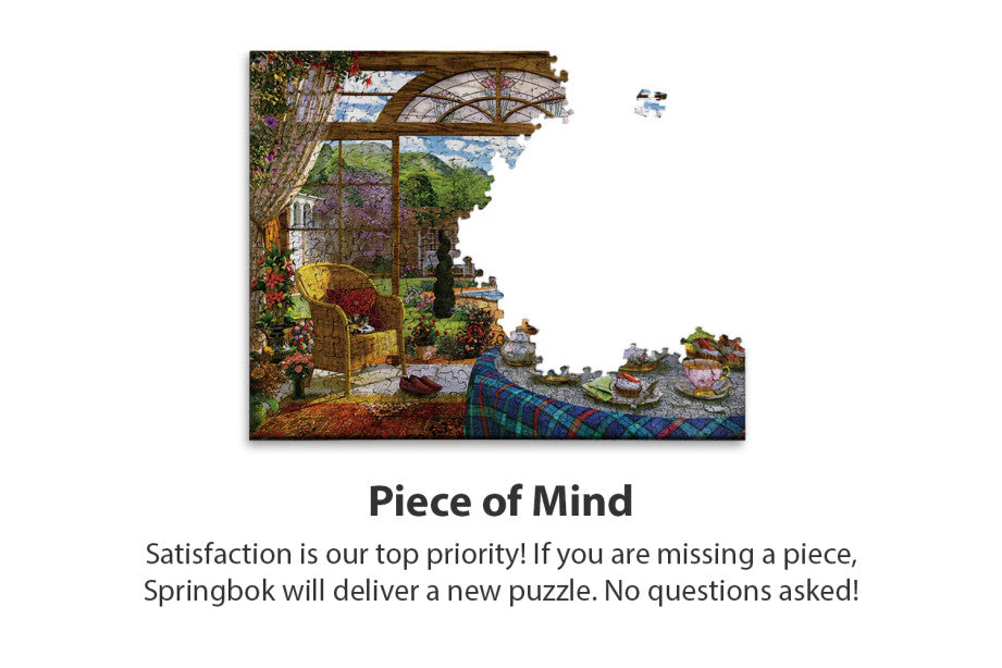 Partially Complete puzzle of Elegant garden-themed jigsaw puzzle featuring a tea table, blooming plants, and a cozy wicker chair by Springbok