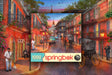 Box and completed puzzle for Bourbon Street puzzle featuring a vibrant New Orleans scene with musicians, classic cars, and a horse-drawn carriage by Springbok