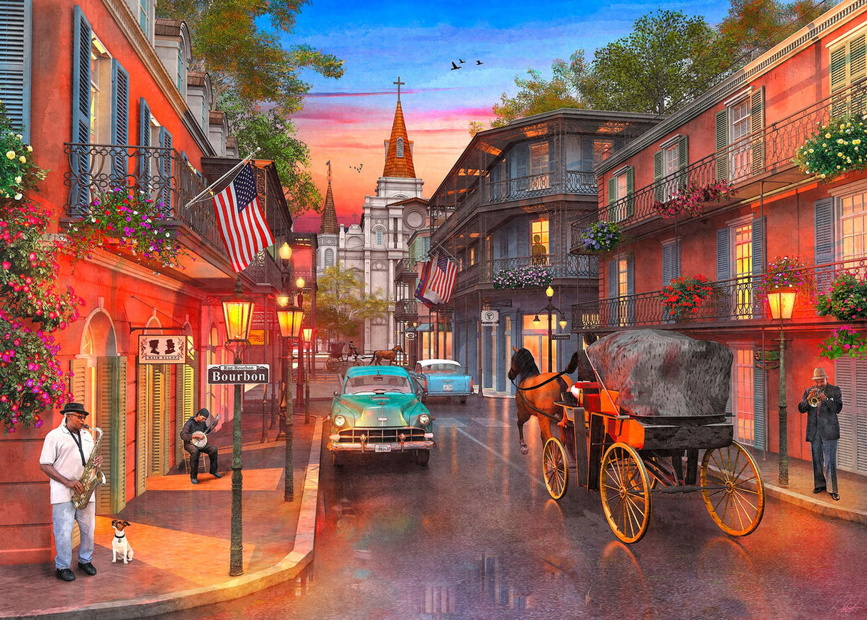 New Orleans-themed jigsaw puzzle featuring a sunset view of Bourbon Street with classic French Quarter details by Springbok