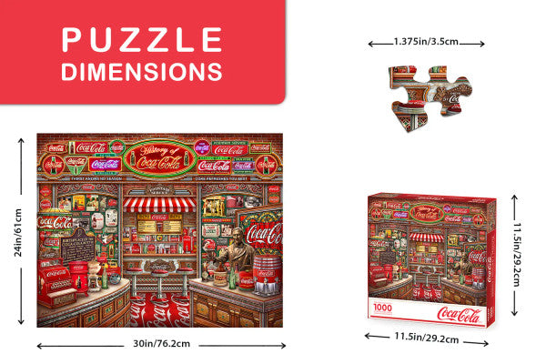 High-quality 1000 piece jigsaw puzzle featuring a nostalgic Coca-Cola-themed diner scene by Springbok showing dimensions