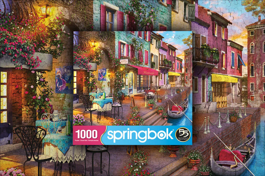 Completed Dolce Vita puzzle by Springbok showcasing Venice’s canals, sunset, and Italian ristorante details