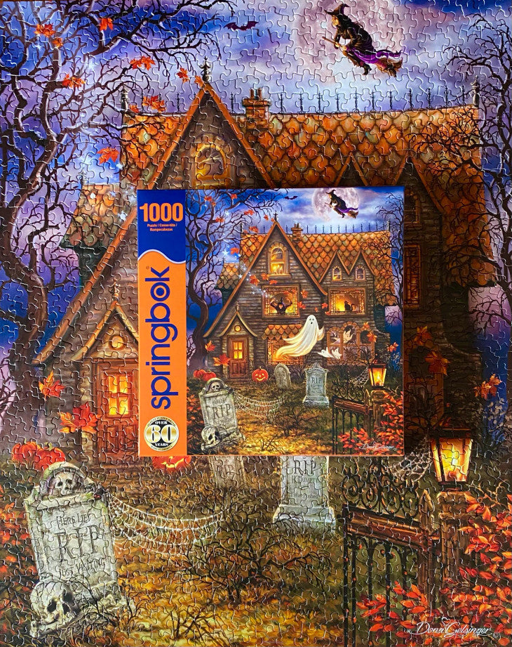 High-quality 1000 piece Haunted House puzzle with dark colors and eerie atmosphere by Springbok