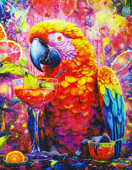 Close-up of Paradise Parrot puzzle pieces with vivid colors and intricate details