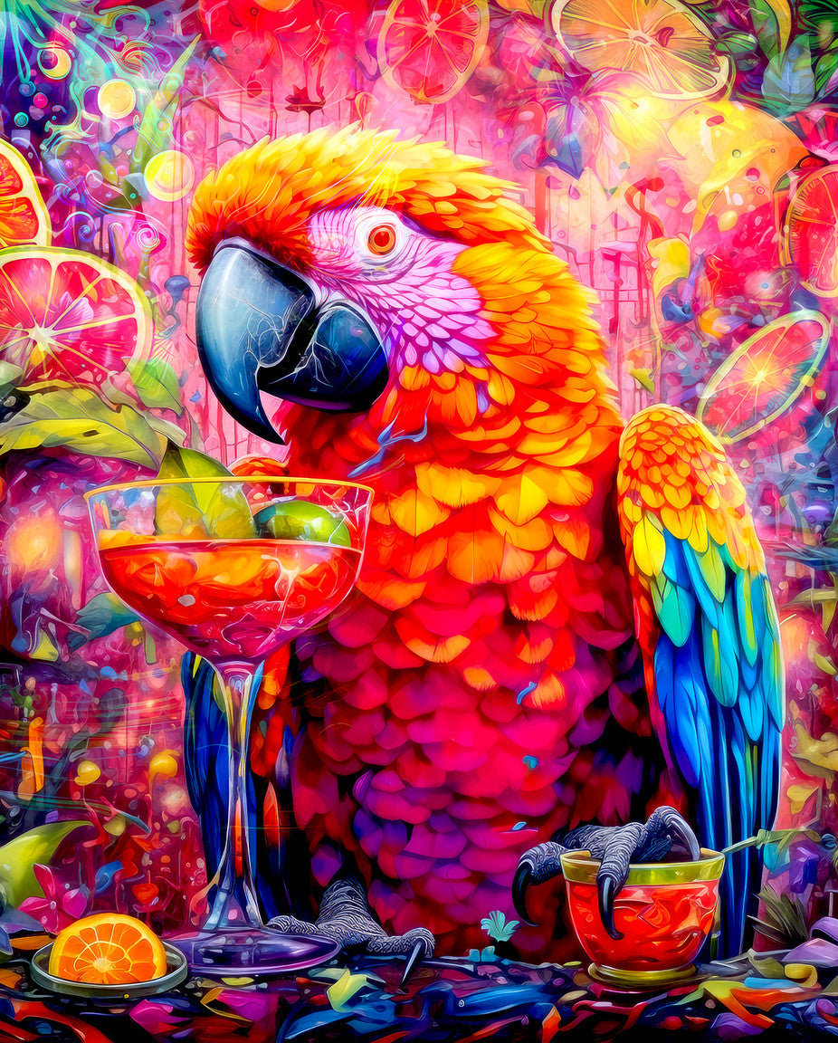 Completed Paradise Parrot puzzle showcasing colorful parrots in lush foliage