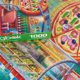 Close up and box puzzle image showing a lively pizza parlor with hot pizza, a jukebox, and soda fountain drinks by Springbok