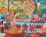 1000 piece jigsaw puzzle of a vibrant pizza shop with classic diner elements and delicious food by Springbok