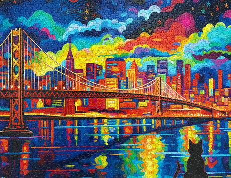 Vibrant Midnight in San Francisco puzzle featuring colorful night skyline and bridge