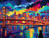 Completed Midnight in San Francisco puzzle with a cat gazing at the colorful cityscape