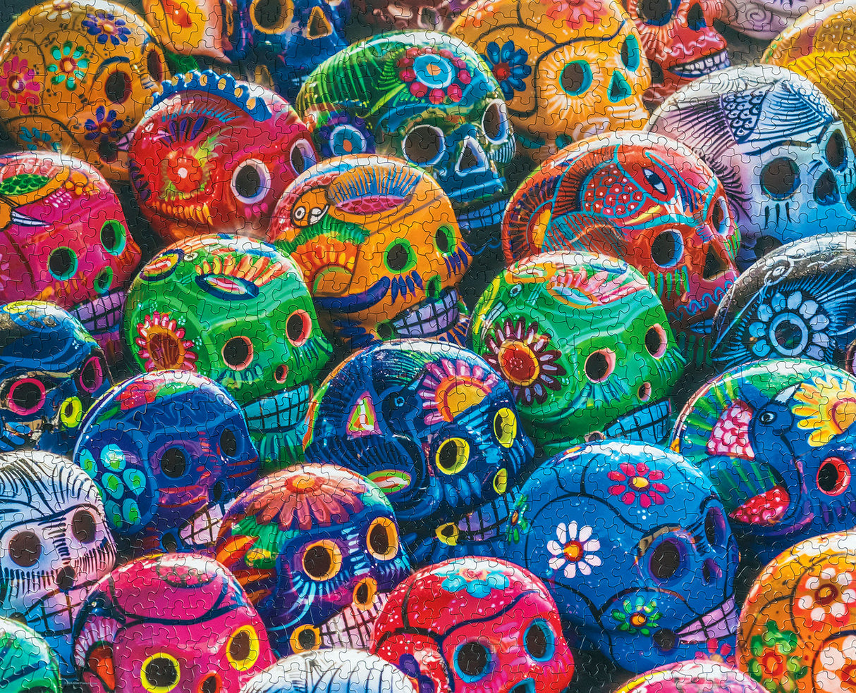 Puzzle image of intricately designed, colorful sugar skulls representing the Mexican Calavera tradition by Springbok