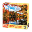 Puzzle box for Springbok Puzzle of Autumn Lake a 1500 piece jigsaw puzzle featuring a lake surrounded by trees with leaves changing colors for the fall.