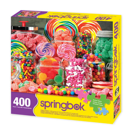 Candy Galore 400 piece puzzle by Springbok featuring colorful candy treats with bright colors