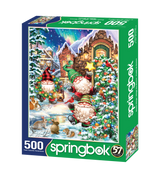 Box front of Springbok 500-piece jigsaw puzzle of a cheerful winter village with gnomes, Christmas lights, and woodland animals