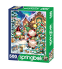 Box front of Springbok 500-piece jigsaw puzzle of a cheerful winter village with gnomes, Christmas lights, and woodland animals