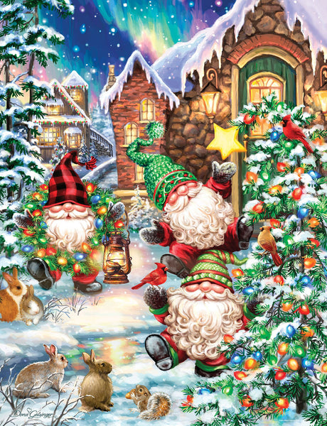 Gnome Village puzzle featuring festive gnomes decorating a snow-covered Christmas scene by Springbok