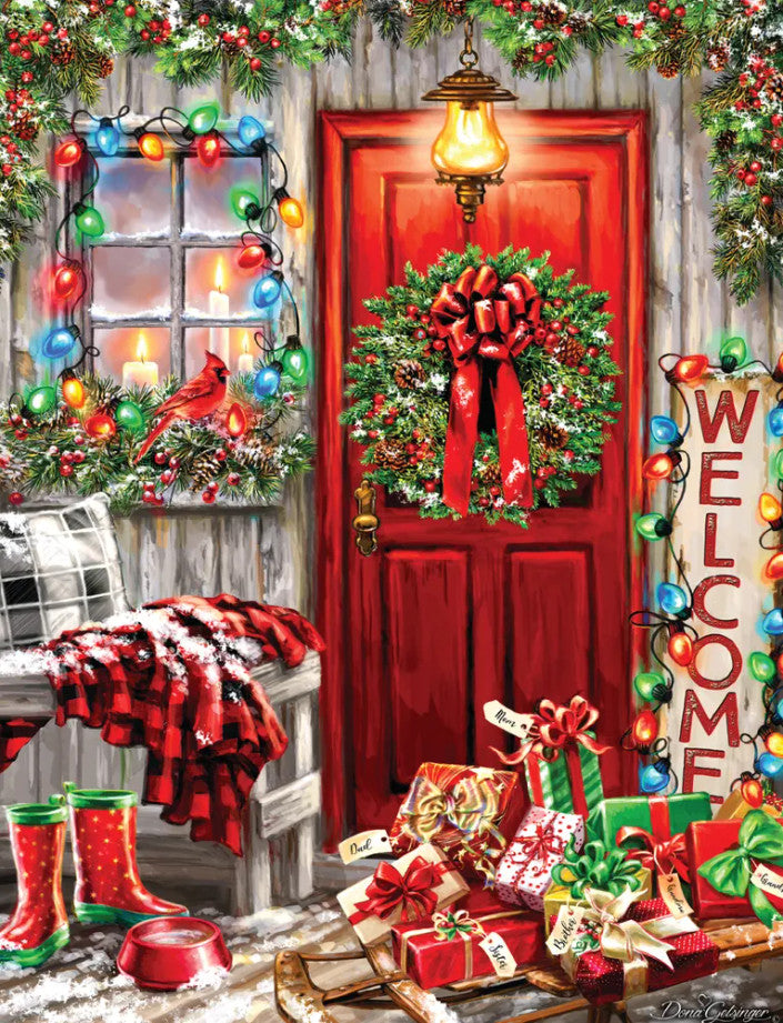 Home for the Holidays 500 piece puzzle by Springbok featuring a festive front door and Christmas lights