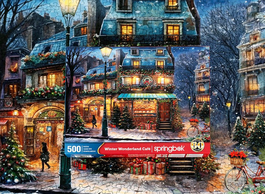 Box and Completed Puzzle for Springbok 500-piece jigsaw puzzle of a charming European street corner with festive Christmas decor