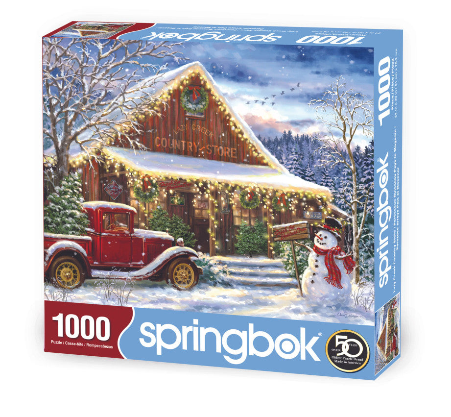 Lazy Creek Country Store 1000 piece puzzle by Springbok featuring a vintage Christmas country store with a classic car and snowman