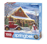 Lazy Creek Country Store 1000 piece puzzle by Springbok featuring a vintage Christmas country store with a classic car and snowman