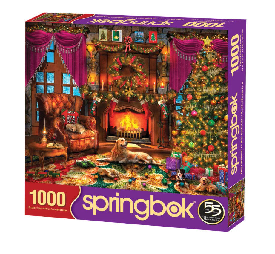 Cozy Christmas 1000 piece puzzle by Springbok - Puzzle box featuring a cozy fireplace, Christmas tree, and playful puppies