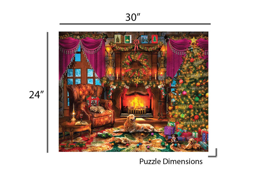 Completed Cozy Christmas puzzle by Springbok showcasing a festive living room scene with falling snow