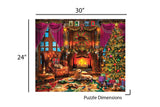 Completed Cozy Christmas puzzle by Springbok showcasing a festive living room scene with falling snow