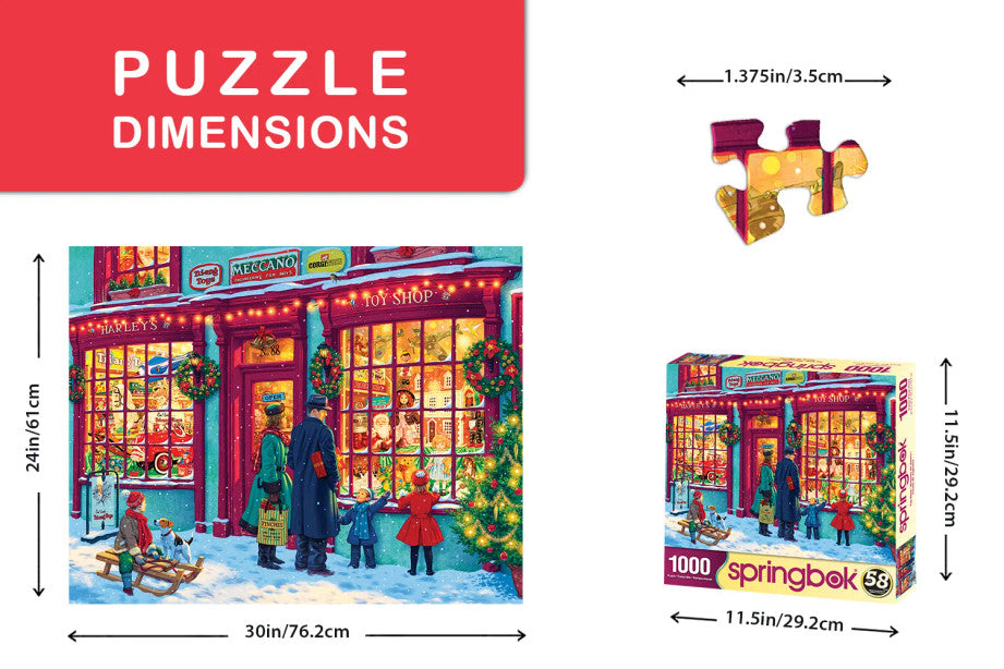 High-quality 1000 piece jigsaw puzzle by Springbok featuring nostalgic holiday imagery of a Christmas toy shop