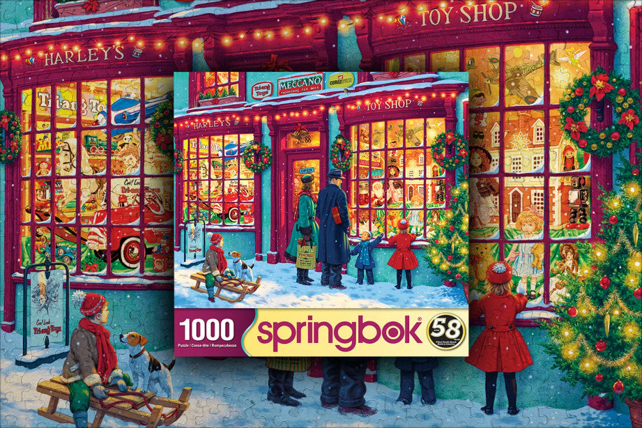 Completed Toy Shop puzzle by Springbok with 1000 pieces showcasing a vibrant Christmas scene with holiday decorations