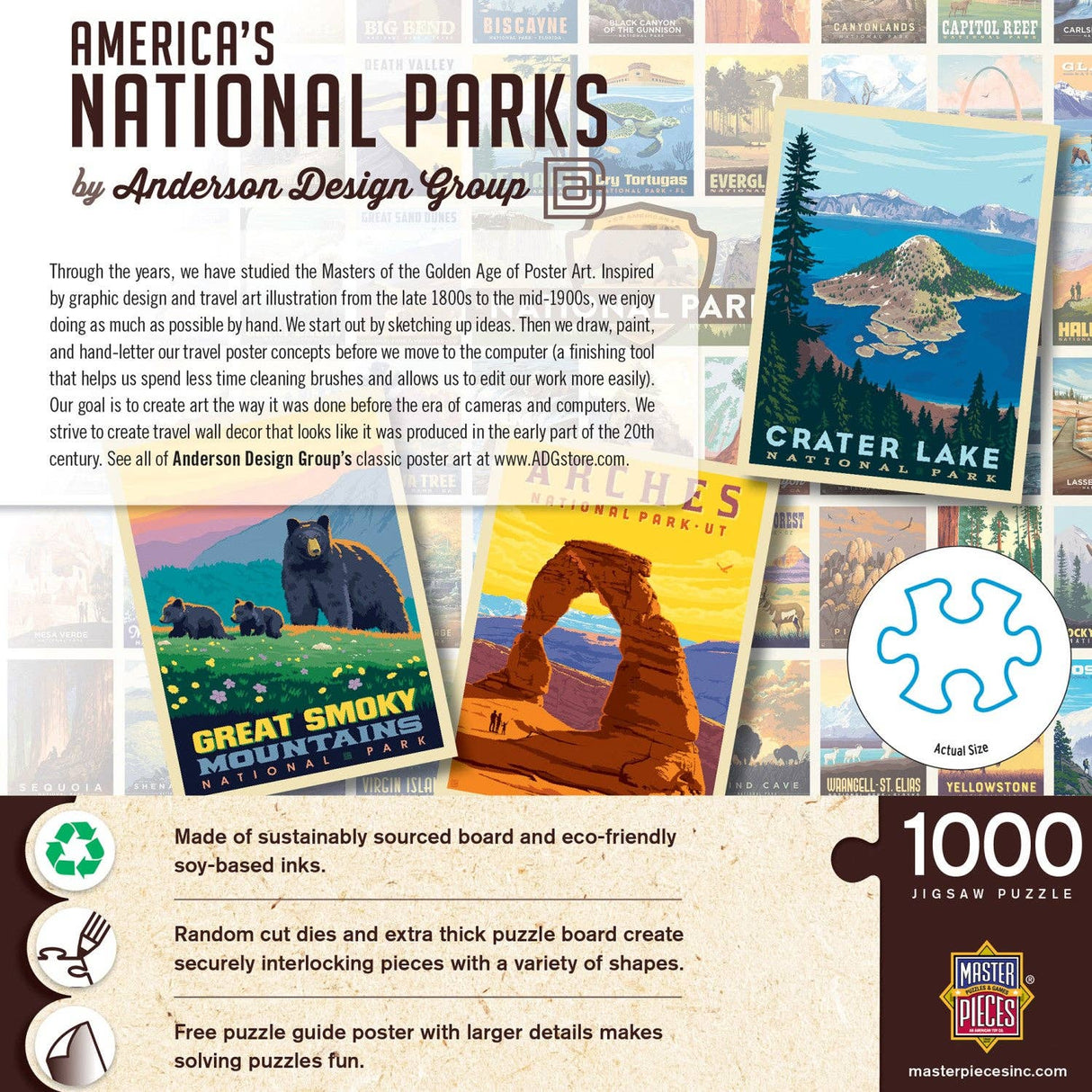 Back of Box of the National Parks puzzle by Masterpieces, featuring vibrant National Park posters 