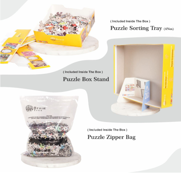 Contents, zipper bag, box stand, sorting trays for the Dusky Barn Quilts 1000 Piece Jigsaw Puzzle by Brain Tree Games