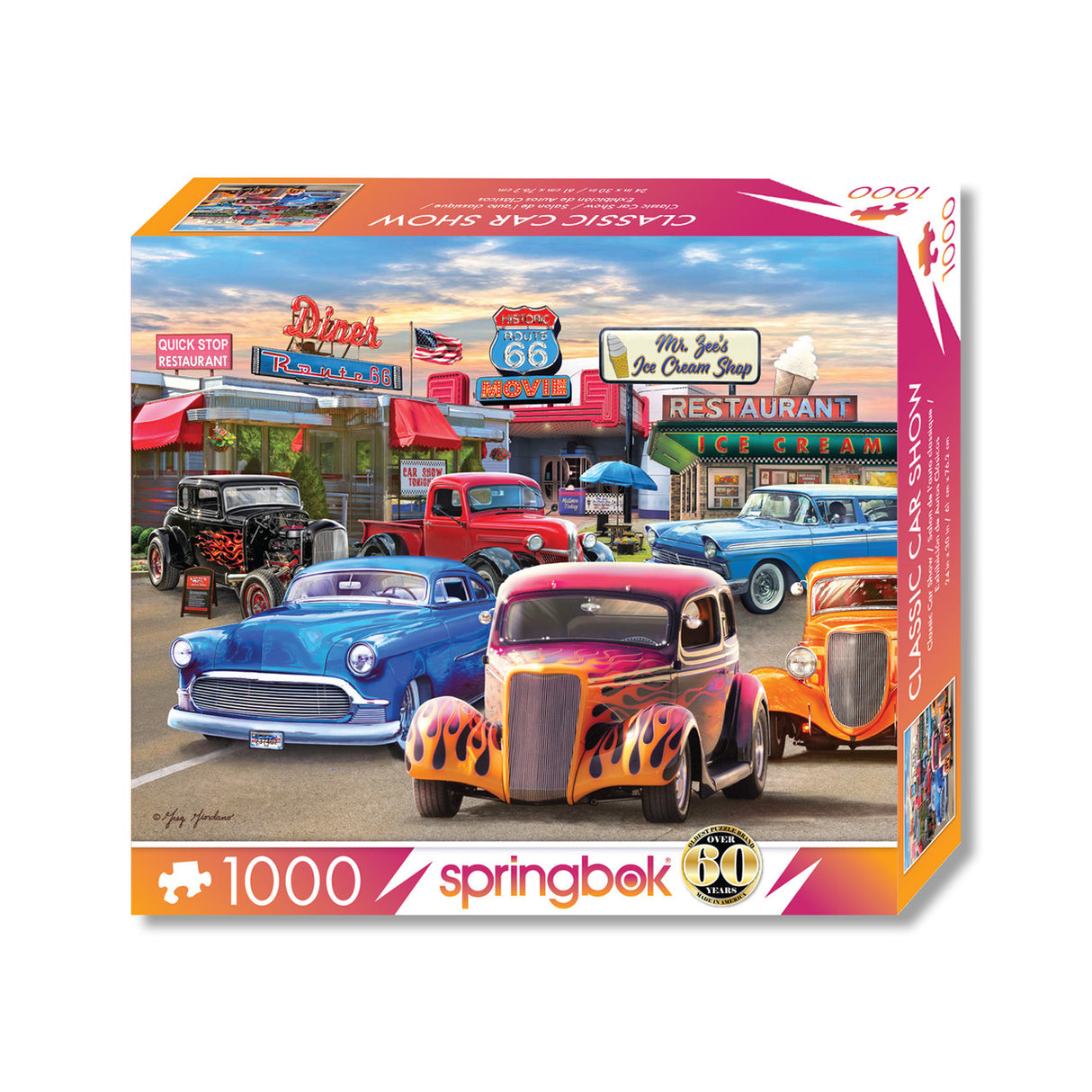 Springbok 1000 piece puzzle box showing hot rods and classic vehicles at a retro diner and ice cream shop