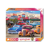 Springbok 1000 piece puzzle box showing hot rods and classic vehicles at a retro diner and ice cream shop