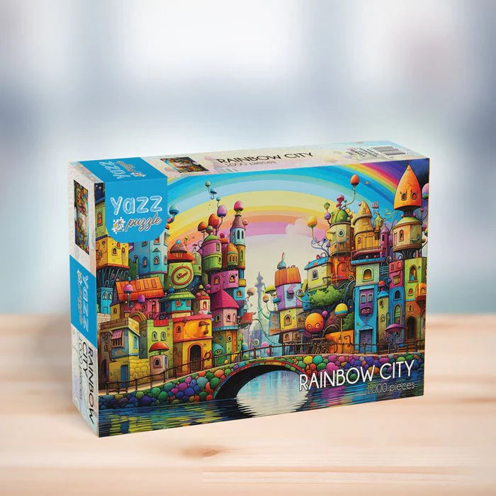 Box for Rainbwow City by Yazz Puzzles 1000 piece jigsaw puzzle with colorful and imaginative buildings.