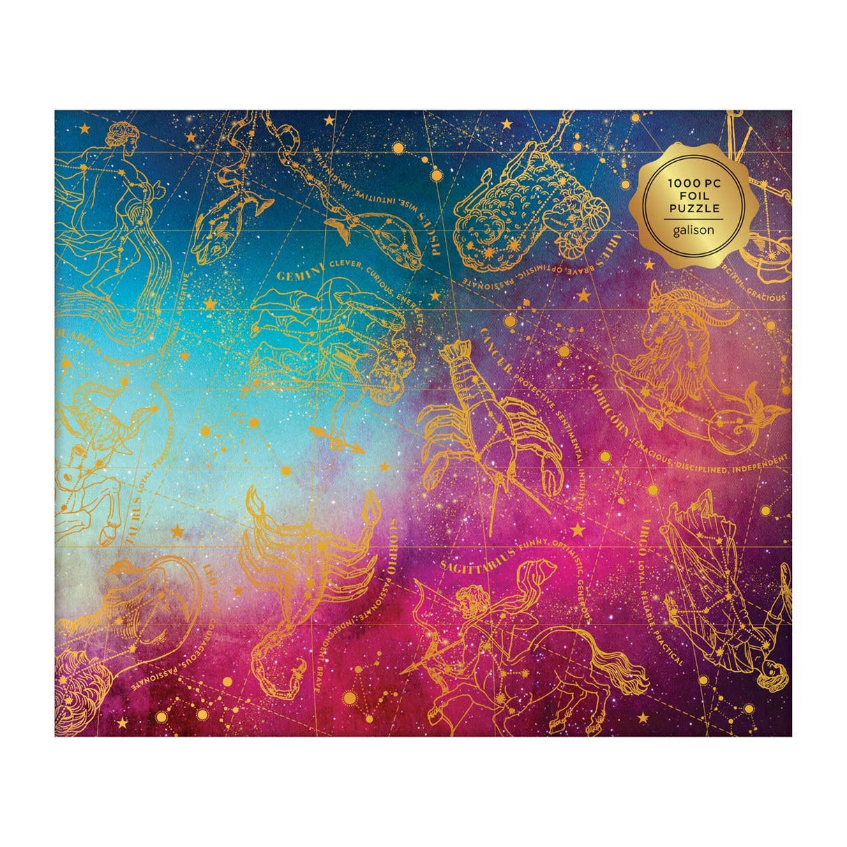 High-quality astrology-themed 1000 piece puzzle by Galison with foil embellishments and starry designs