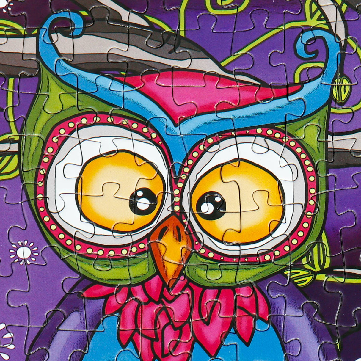 Detailed image of the Owl Always Be There 1000-piece puzzle, showcasing a lively scene with multi-colored owls sitting in a magical forest setting.