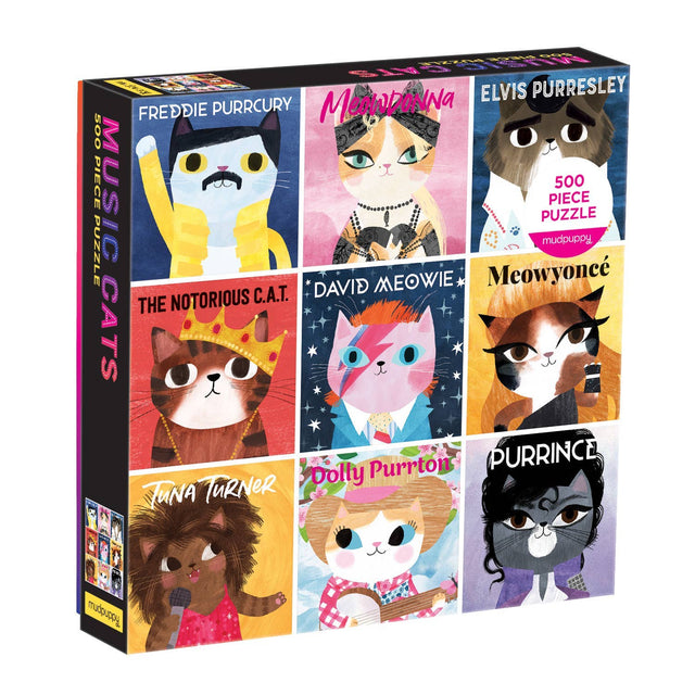 Music Cats 500 Piece Family Puzzle box by Mudpuppy featuring musical cat illustrations in a sturdy packaging