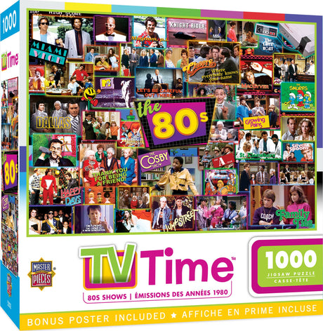 TV Time 80's themed jigsaw puzzle with 1000 pieces by Masterpieces. Fun retro puzzle busy puzzle.