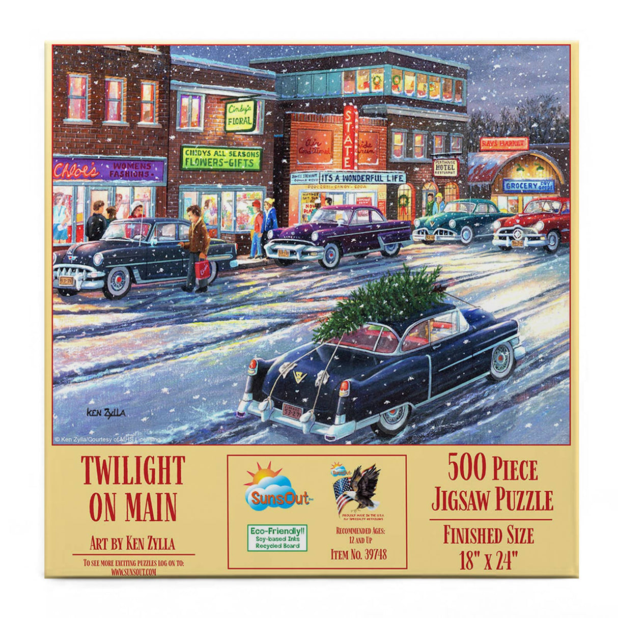 Snowy winter town scene with vintage cars in 500 piece jigsaw puzzle