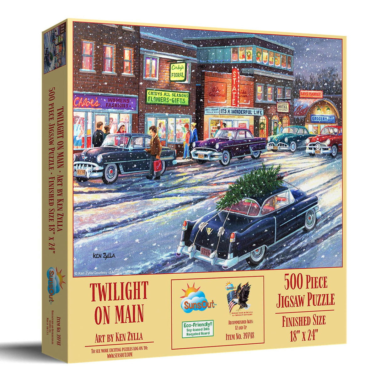 500 piece puzzle of holiday shoppers on Main Street by Ken Zylla