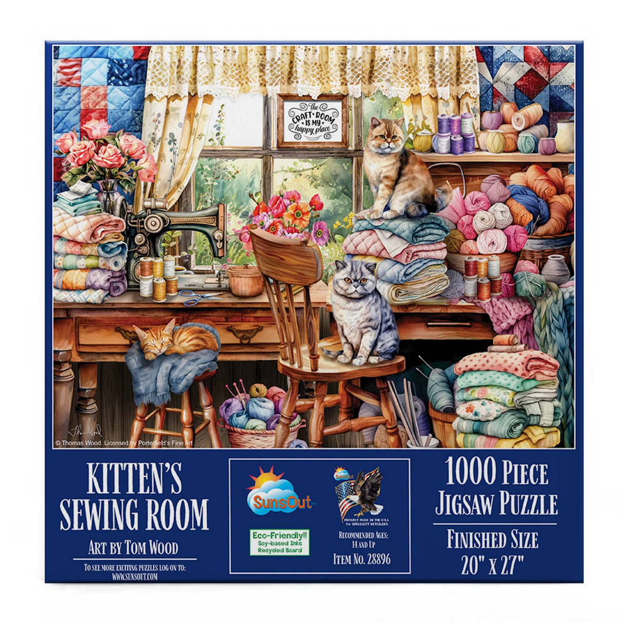 1000 piece puzzle with kittens, fabric, and sewing supplies by SunsOut