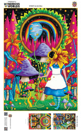 Image of the finished Go Ask Alice puzzle displayed, showing the full psychedelic scene of Wonderland