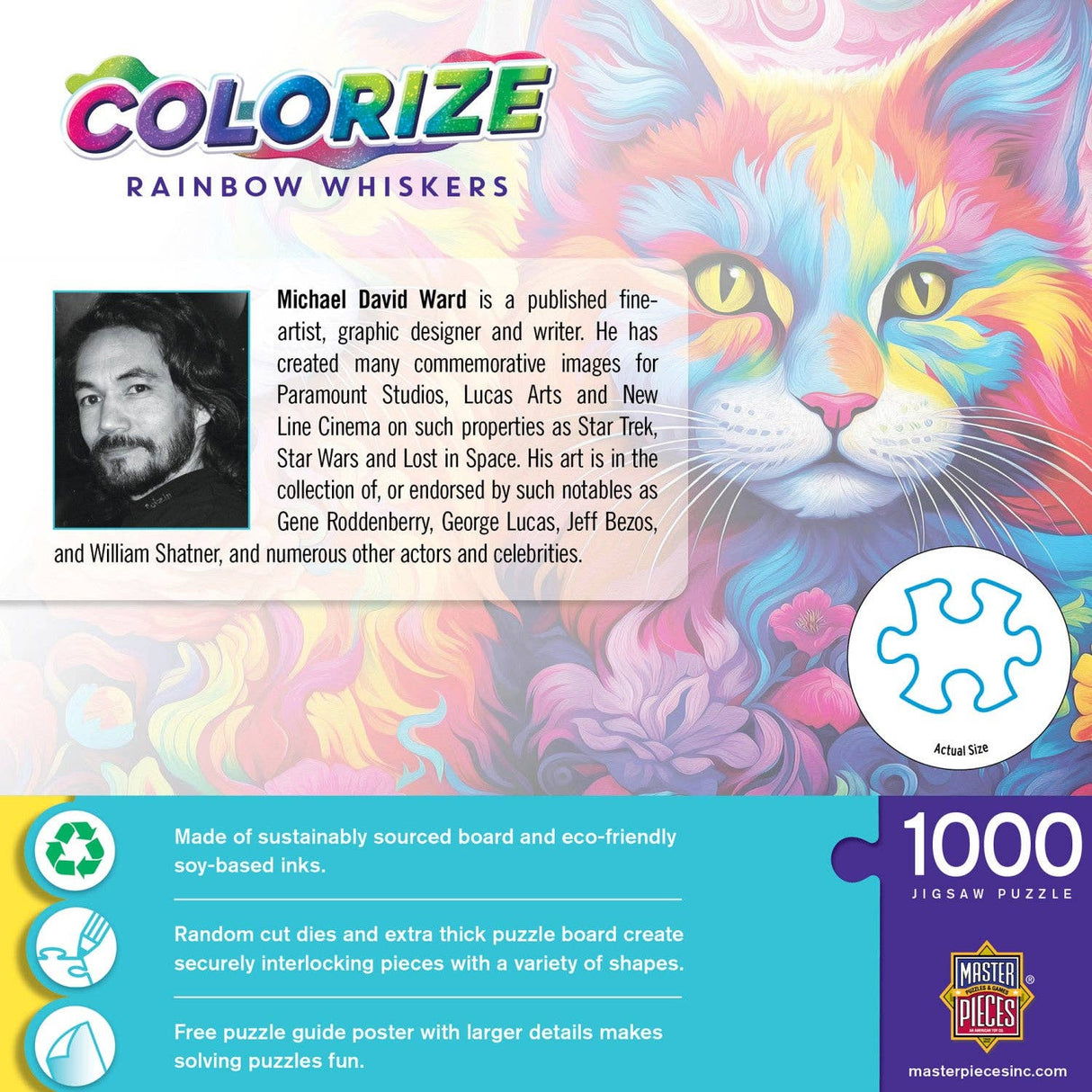 back of Box of the Rainbow Whiskers puzzle by Masterpieces, featuring colorful kitten illustrations