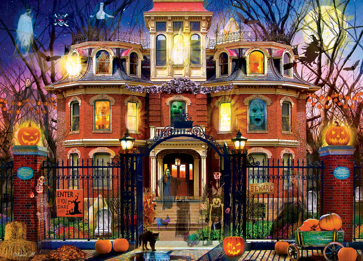 Completed Glow in the Dark - Haunted House on the Hill puzzle glowing in the dark, revealing spooky details - 1000 piece puzzle by Masterpieces