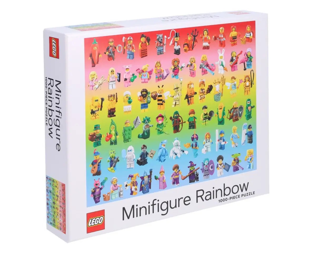 LEGO jigsaw puzzle pieces forming a rainbow of collectible minifigures