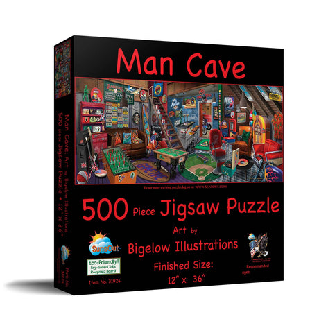 Cozy den scene in 500 piece jigsaw puzzle with jukebox, pool table, and motorcycle