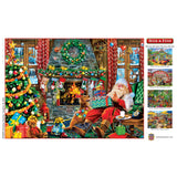 Image of the finished puzzle displayed with holiday decorations, showcasing the detailed Christmas artwork by Masterpieces