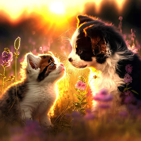 Cats and Dogs 500 Piece Jigsaw Puzzle by SunsOut featuring a kitten and puppy in a sunset field.