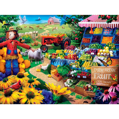 Completed Farmer's Market - Fresh Farm Fruit puzzle from Masterpieces showcasing vibrant fruits at a farm stand a 750 piece puzzle