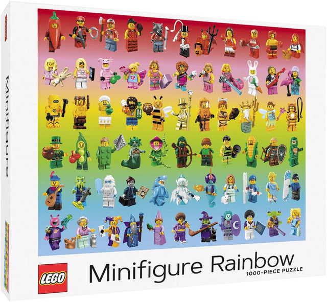 LEGO jigsaw puzzle pieces forming a rainbow of collectible minifigures